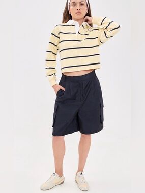 GU Women's Striped Rugby Shirt in yellow with navy stripes and a white collar